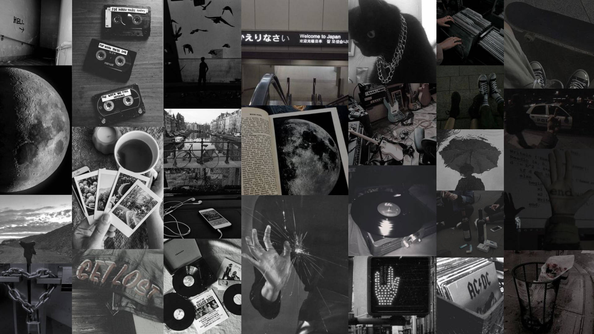 AC/DC Hintergrundbild 1920x1080. Download Monochrome Collage With Grunge Aesthetic Computer Wallpaper