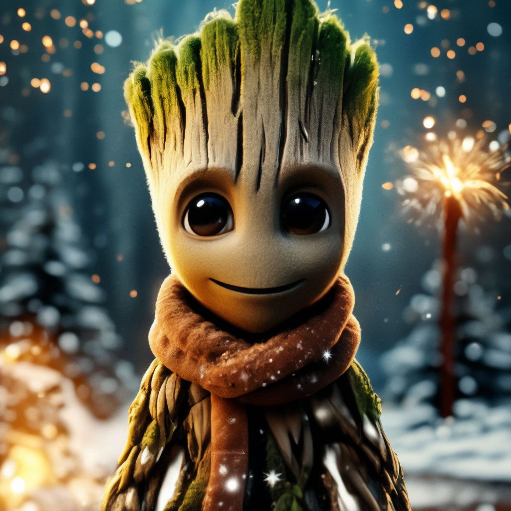  I Am Groot Hintergrundbild 1024x1024. I am groot, with sparklers, in a knitted scarf near the New year tree, big eyes, detailed snowflakes, original style
