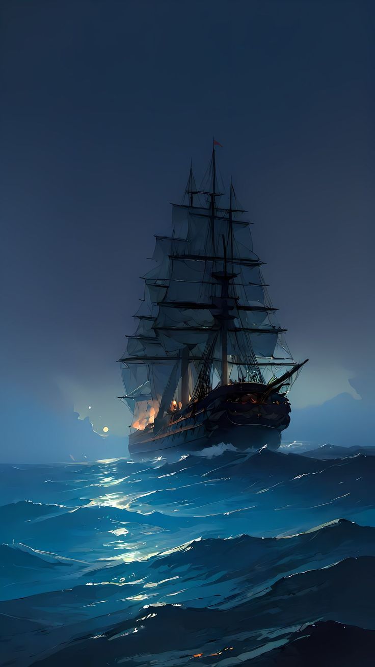  Segelschiff Hintergrundbild 736x1308. Wallpaper ship, sea, waves, blue, night, art, Art 4K by RanobeDude. Download wallpaper ship, sea, waves, blue, night, art for free