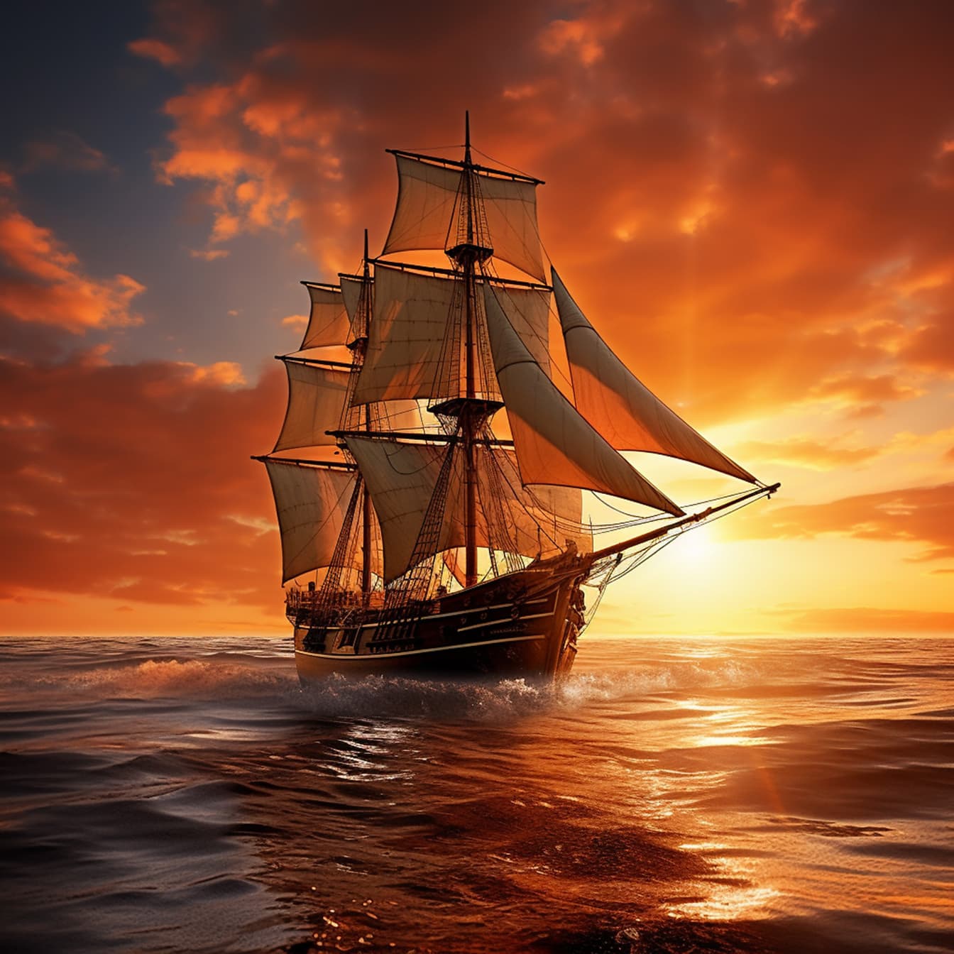  Segelschiff Hintergrundbild 1344x1344. Kostenlose Bild: Segelschiff im alten Stil auf Meereswellen mit dramatischem Sonnenuntergangshintergrund