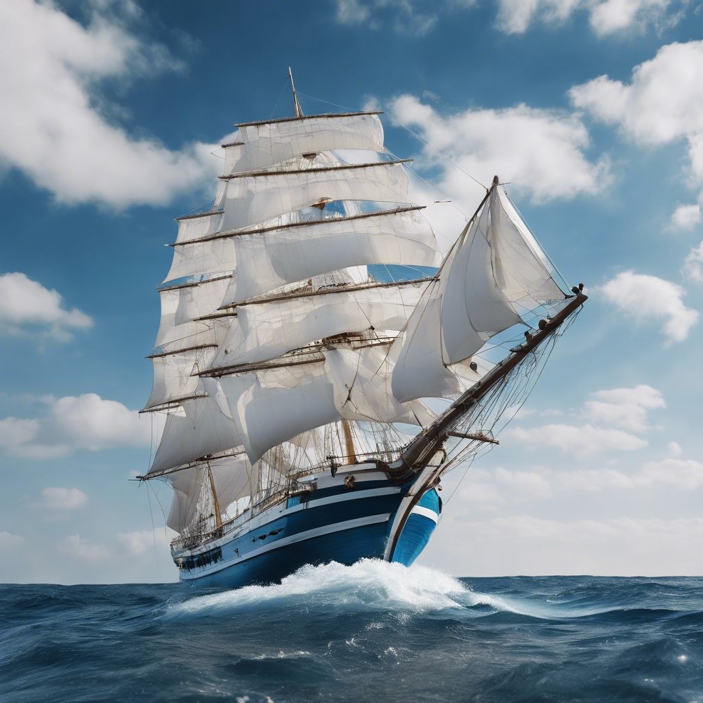  Segelschiff Hintergrundbild 1024x1024. Großes weißes Segelschiff mit blähenden blauen Segeln, das auf offener See navigiert. Hintergrundbild [5536da1c334e4c7b880e] von Wallpaper HD