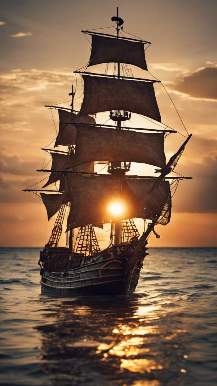  Segelschiff Hintergrundbild 720x1280. Ein abenteuerlustiges Piratenschiff segelt in den Sonnenuntergang. Der Satz „Das Abenteuer wartet“ erscheint als Richtungsanzeige auf dem verwitterten Kompass des Schiffs. Hintergrundbild [8d7706bf300a45b9b483] von Wallpaper HD