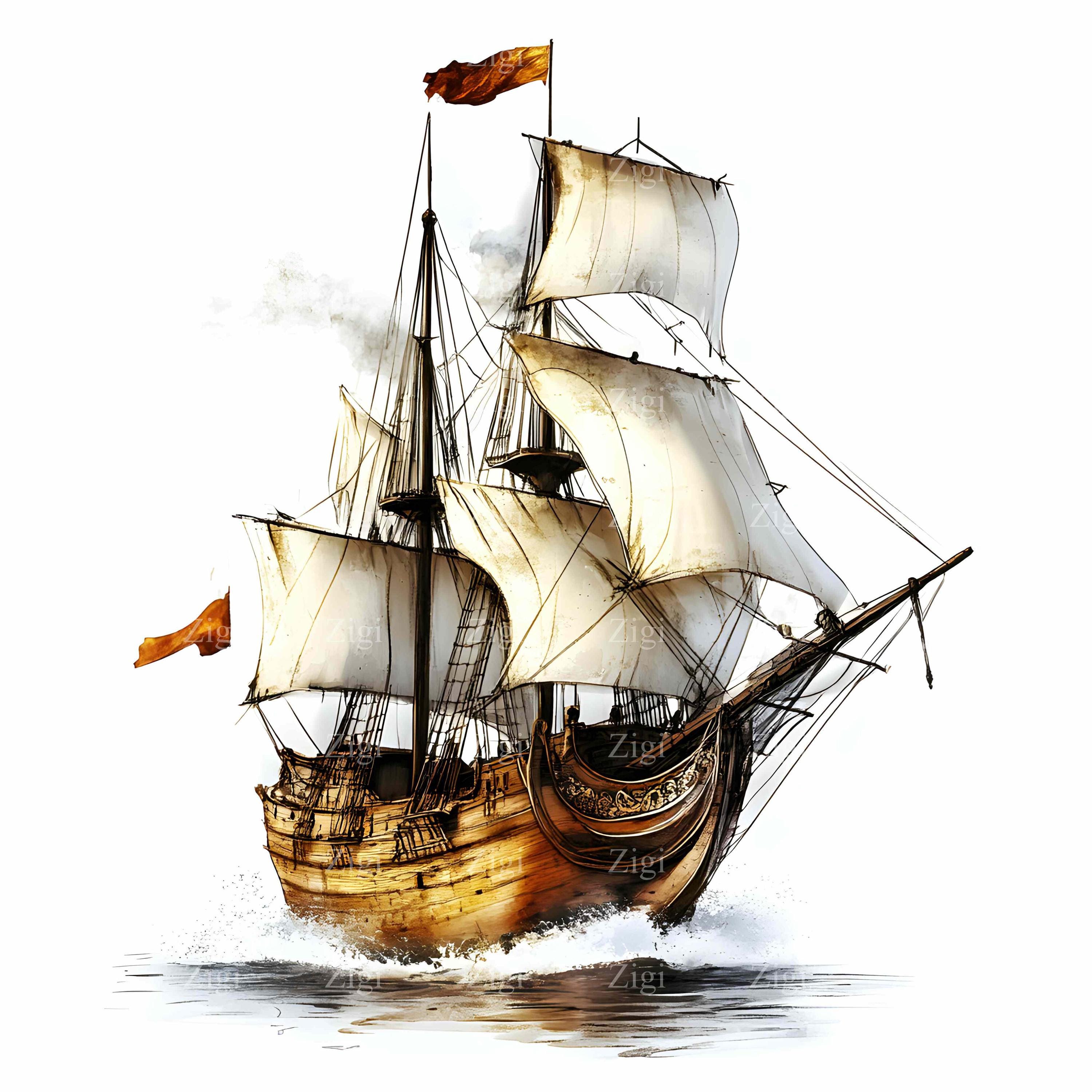  Segelschiff Hintergrundbild 3000x3000. JPEG Segelschiff Illustration Boot JPG Clipart Wandkunst zum Ausdrucken für Piratendekor, Reisethema, Abenteuerhandwerk