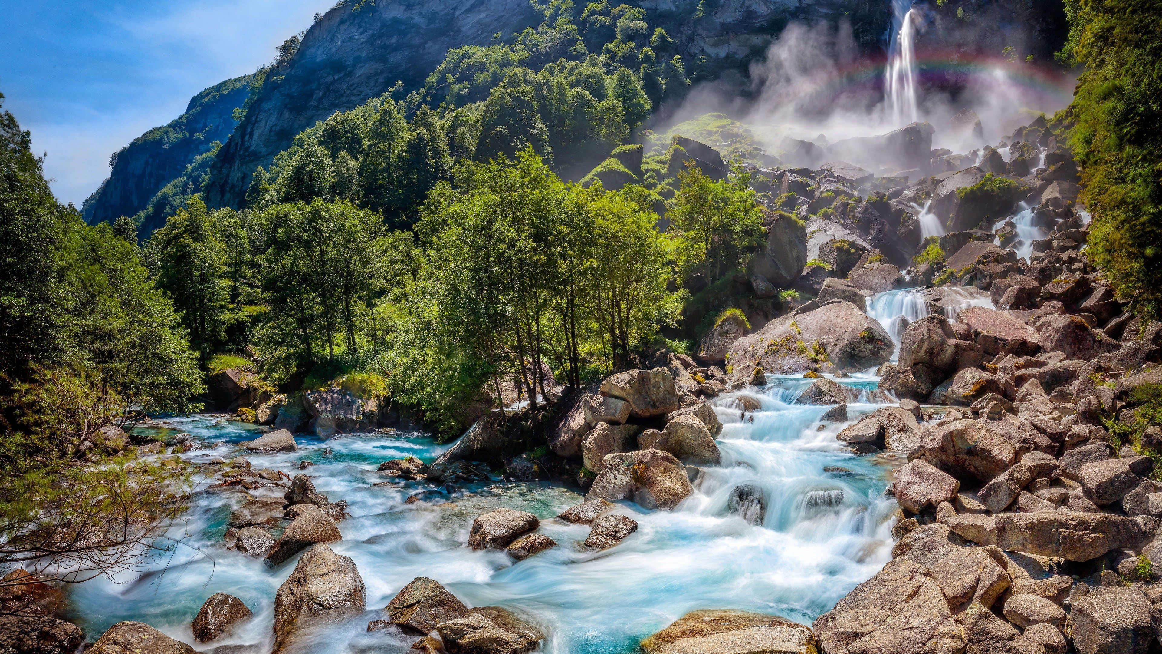  4k Natur Hintergrundbild 3840x2160. Schweiz Natur Landschaft, Wasserfall, Felsen, Bäume, Wald 3840x2160 UHD 4K Hintergrundbilder, HD, Bild