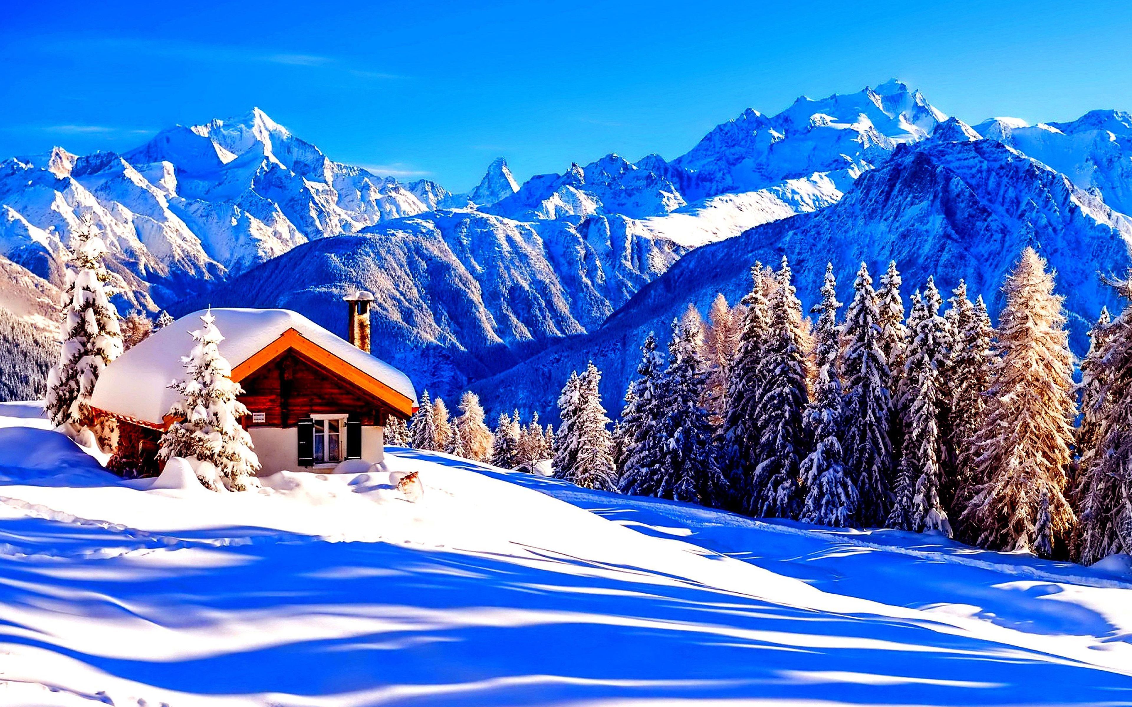  Alpen Hintergrundbild 3840x2400. 4k, alpen, winter, berge, hütte, schneewehe, europa. Горный пейзаж, Зимний домик для отдыха, Пейзажи