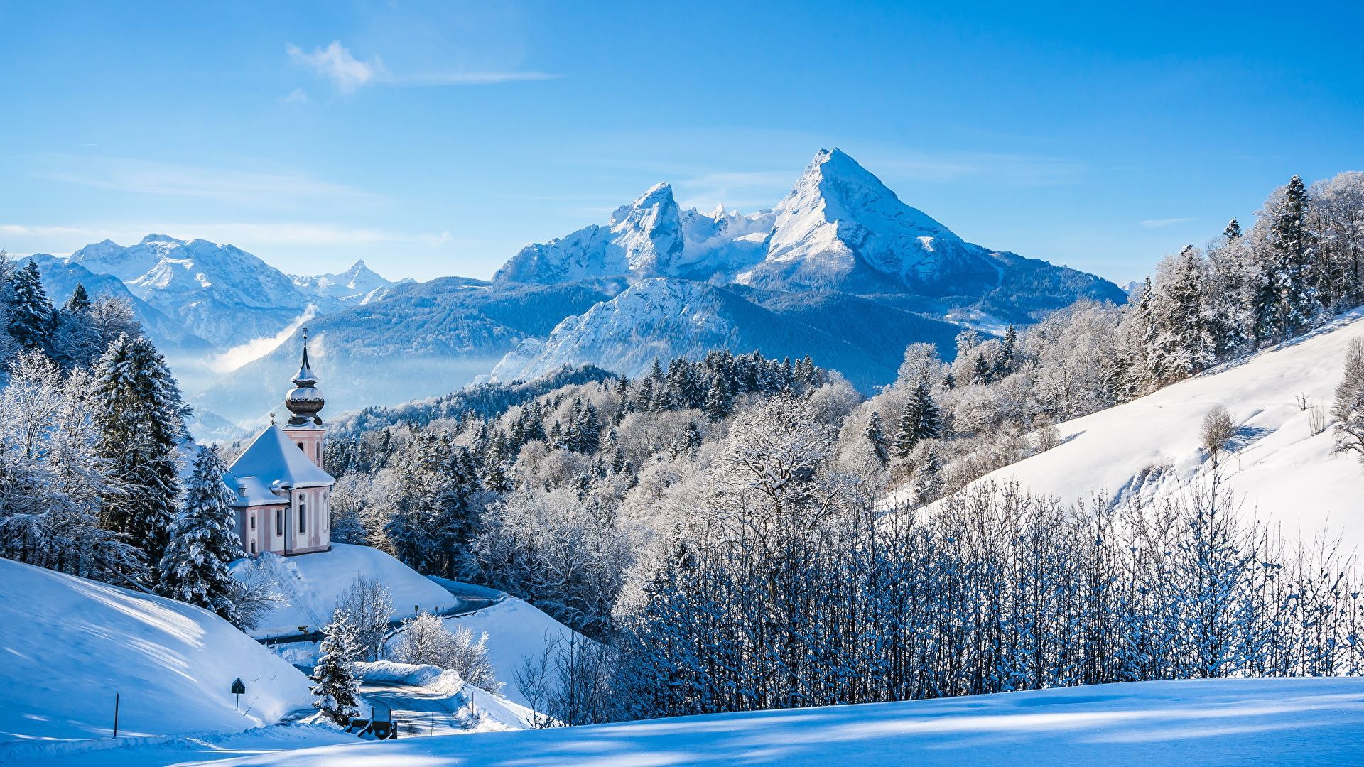  Alpen Hintergrundbild 1920x1080. Foto Bayern Alpen Deutschland Natur Winter Gebirge Wald 1920x1080