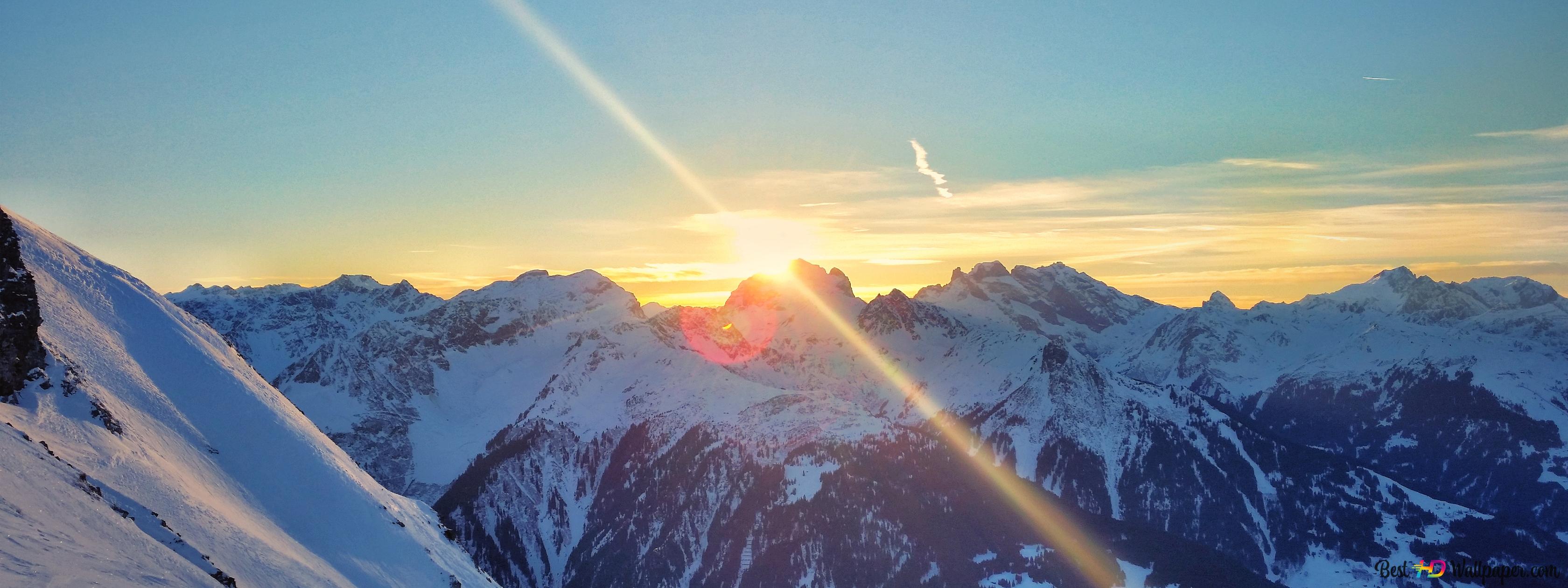  Alpen Hintergrundbild 3360x1260. Alpen Sonnenuntergang 4K Hintergrundbild herunterladen